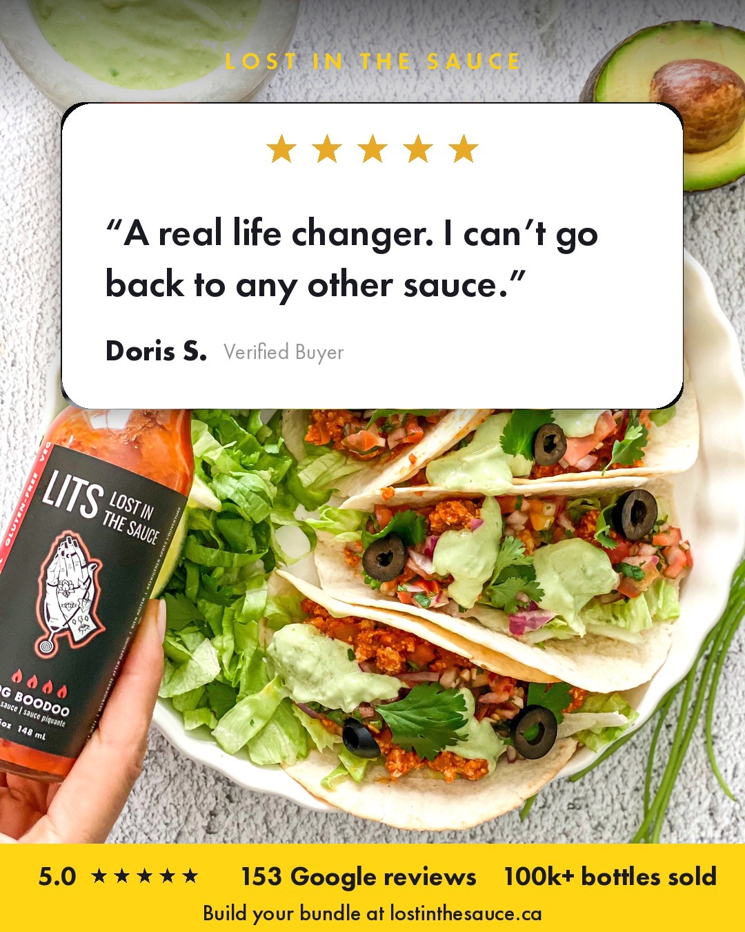 OG Boodoo: The bottle in a hand, a five-star review card over it.