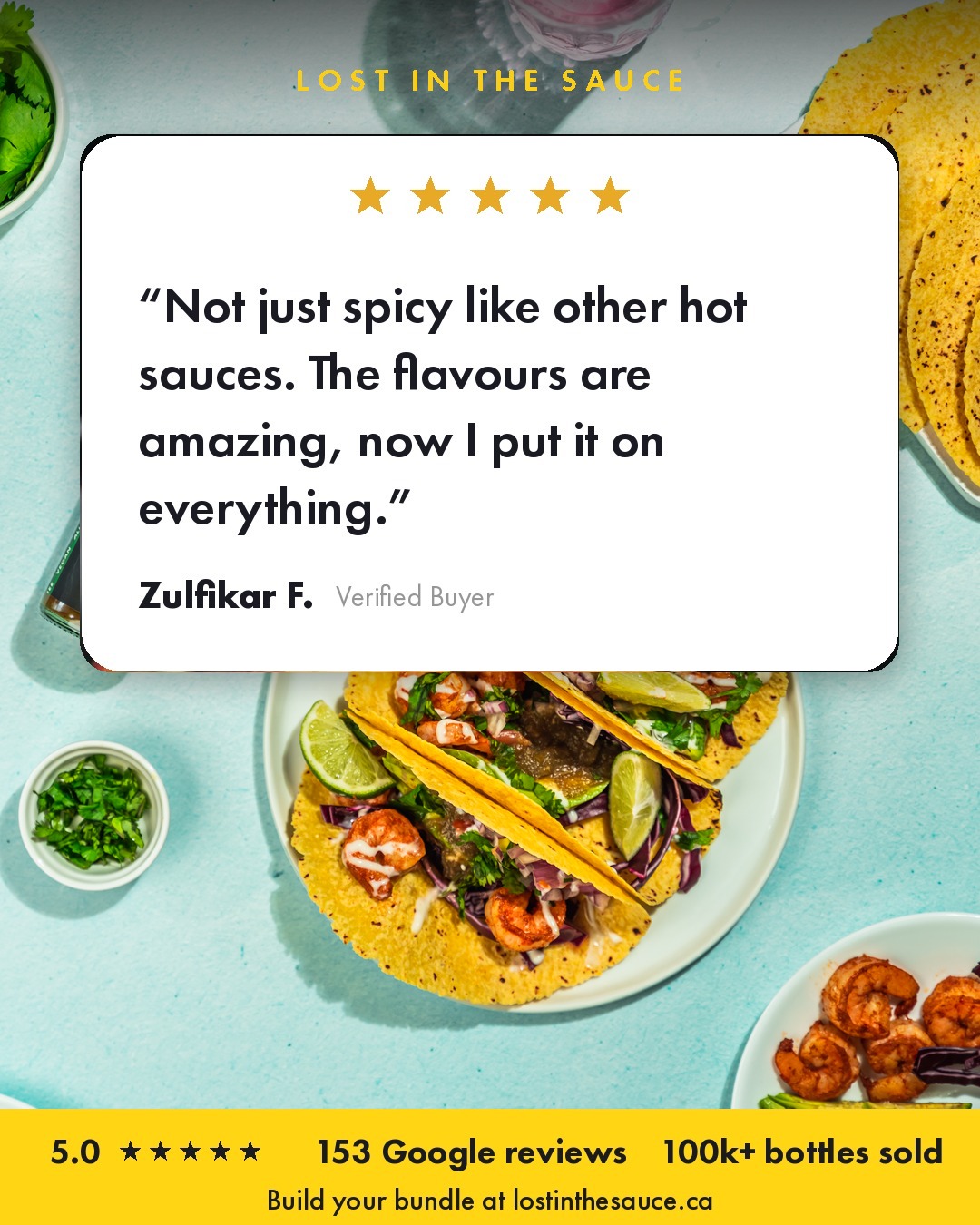 Review card: Tacos, ingredients, and a third five-star quote.