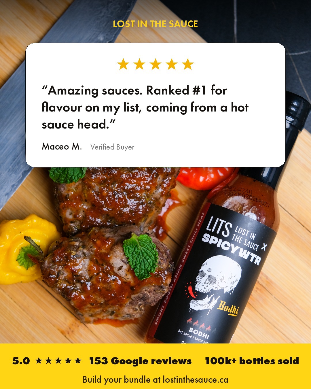 Bodhi: A bottle beside a plate, a five-star review card over it.